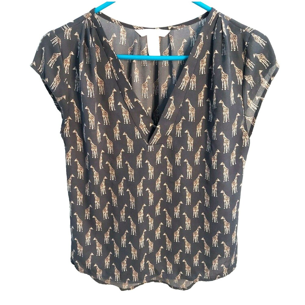 H&M Conscious Short Sleeve Shirt Size 2 Giraffe Career Work Chiffon Blouse